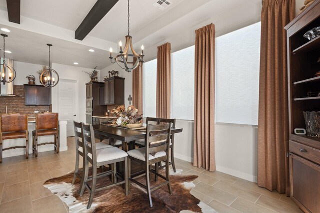 dining area with a notable chandelier, light tile patterned floors, recessed lighting, visible vents, and beamed ceiling