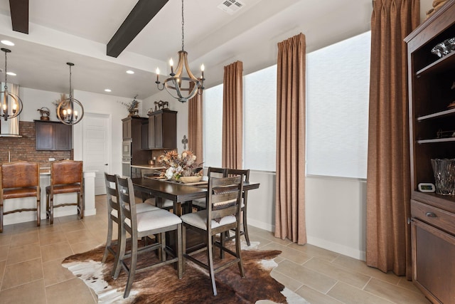 6816 Cleary Loop NE, Rio Rancho, NM 87144 - dining area featuring a chandelier, recessed lighting, light tile patterned flooring, beamed ceiling, and baseboards