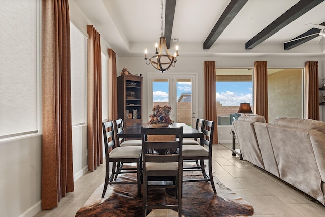 dining area featuring light tile patterned floors, baseboards, beam ceiling, and ceiling fan with notable chandelier