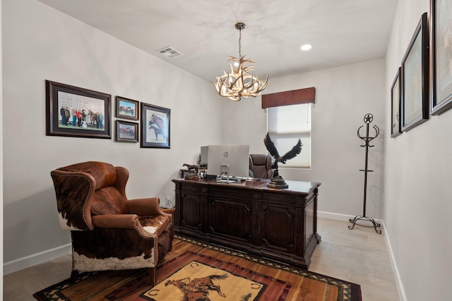 home office featuring a notable chandelier, recessed lighting, visible vents, light wood-type flooring, and baseboards