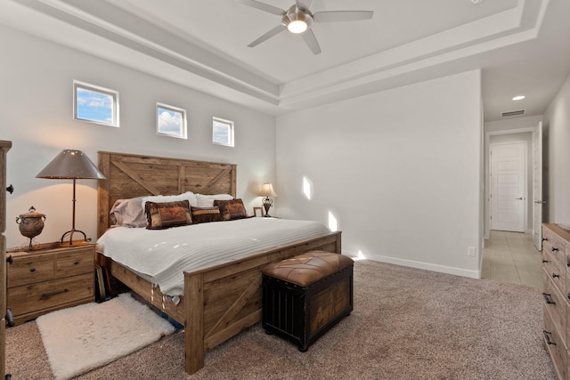 6816 Cleary Loop NE, Rio Rancho, NM 87144 - carpeted bedroom with a raised ceiling, baseboards, ceiling fan, tile patterned floors, and recessed lighting