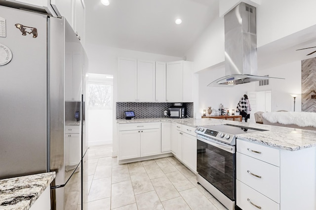 kitchen featuring light stone countertops, white cabinetry, appliances with stainless steel finishes, and island exhaust hood