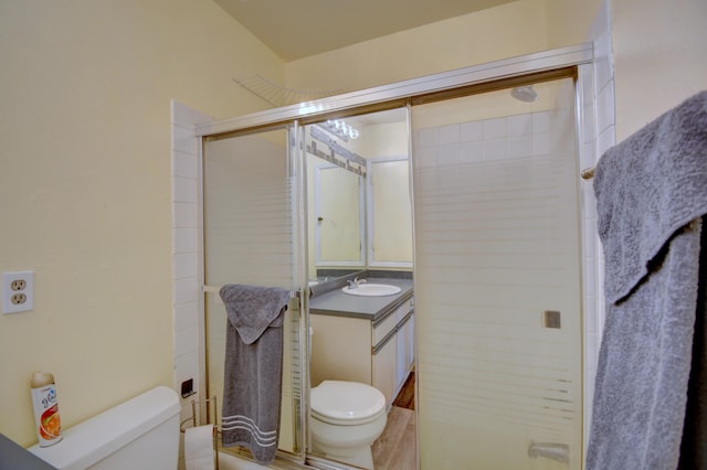 bathroom featuring vanity, an enclosed shower, and toilet