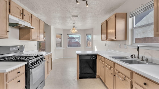 kitchen featuring pendant lighting, black appliances, kitchen peninsula, sink, and light brown cabinets