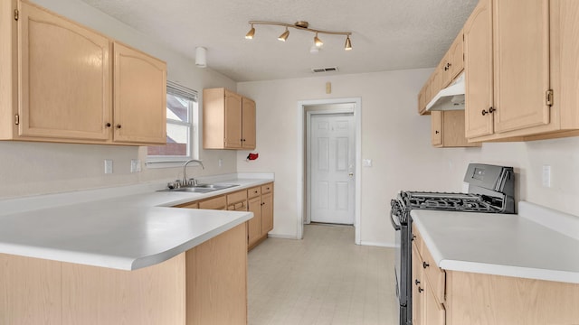 kitchen with range with gas cooktop, kitchen peninsula, sink, and light brown cabinets