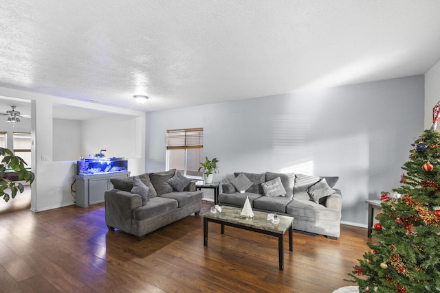 living room with a textured ceiling and dark hardwood / wood-style floors