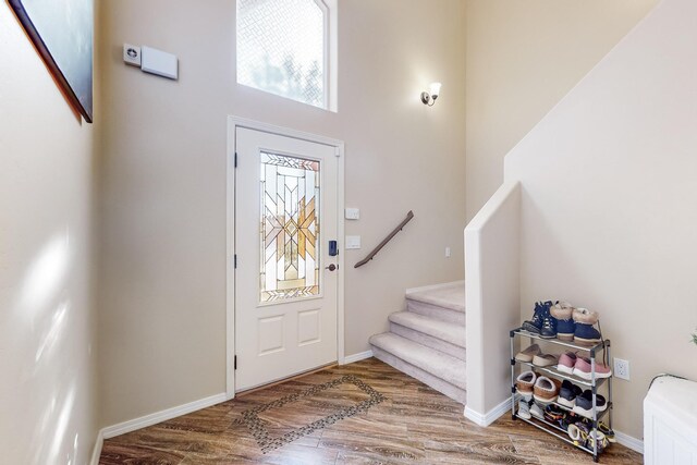 entryway with hardwood / wood-style floors, a wealth of natural light, and a high ceiling