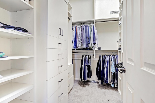 walk in closet featuring light colored carpet