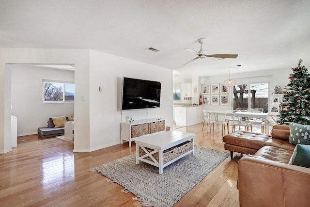 living room featuring ceiling fan and light hardwood / wood-style flooring