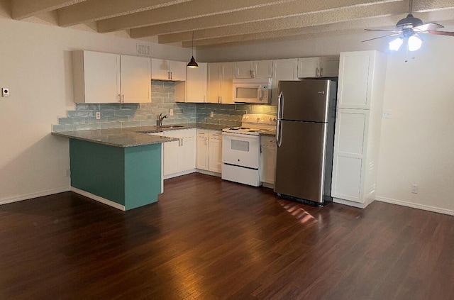 kitchen featuring white cabinetry, dark wood-type flooring, tasteful backsplash, kitchen peninsula, and white appliances