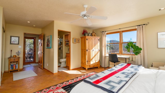 2 Chaco Ct, Sandia Park, NM 87047 - bedroom with connected bathroom, an office area, recessed lighting, and a ceiling fan