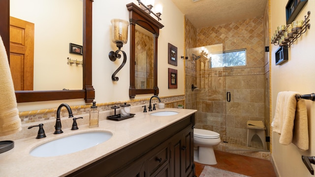 2 Chaco Ct, Sandia Park, NM 87047 - full bathroom with a stall shower, double vanity, tile patterned floors, tile walls, and a textured ceiling