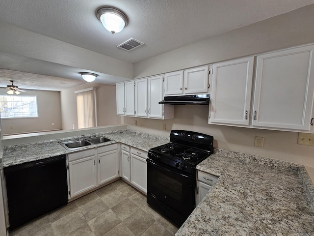 kitchen with ceiling fan, sink, white cabinets, and black appliances