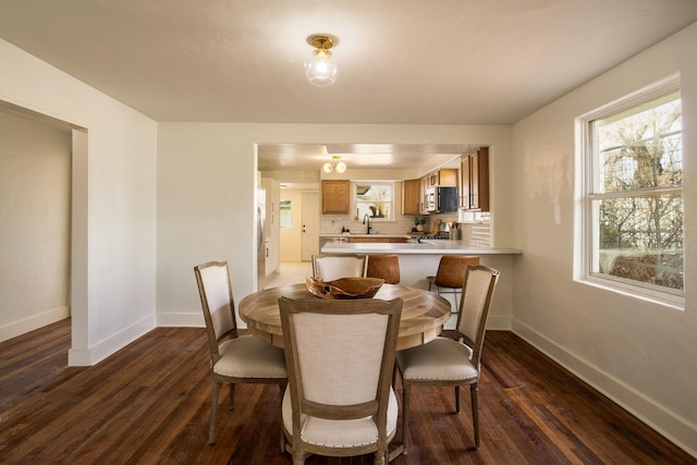 dining area with sink and dark wood-type flooring