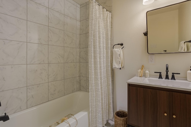 bathroom with vanity and shower / bath combination with curtain