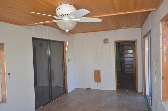 interior space featuring ceiling fan, wooden ceiling, and wooden walls