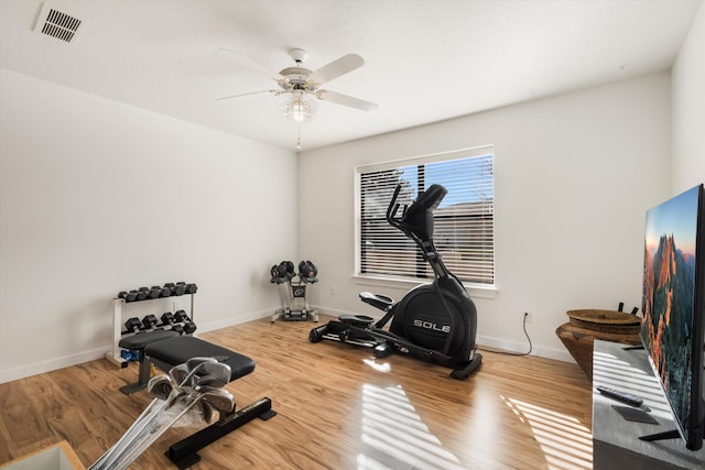 workout room with hardwood / wood-style floors and ceiling fan