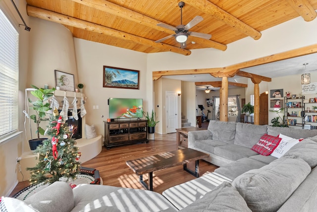 living room with beam ceiling, wood ceiling, a large fireplace, ceiling fan, and wood finished floors