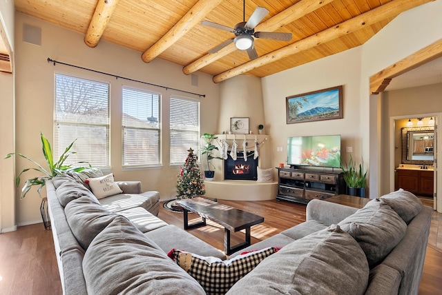 living area featuring wood finished floors, wooden ceiling, beam ceiling, and a large fireplace