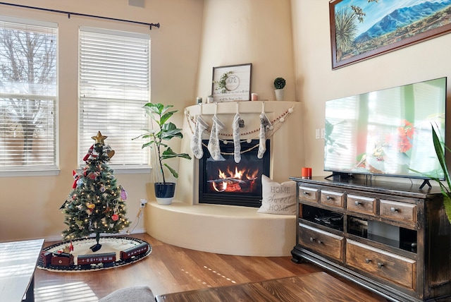 interior details featuring a warm lit fireplace and wood finished floors