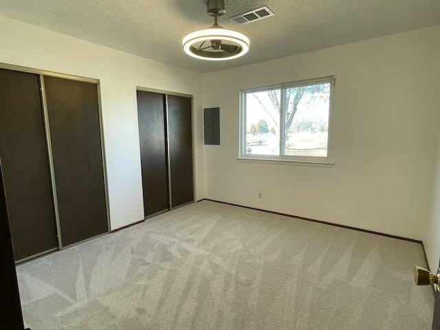 unfurnished bedroom with electric panel, light carpet, elevator, and two closets