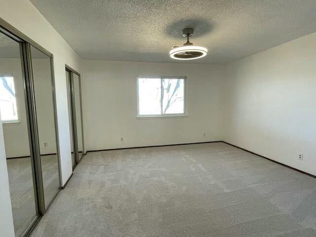 unfurnished room with light colored carpet and a textured ceiling