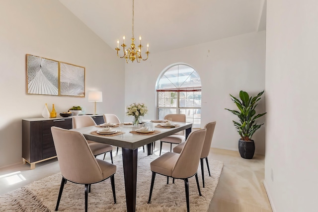 carpeted dining area with a notable chandelier and lofted ceiling