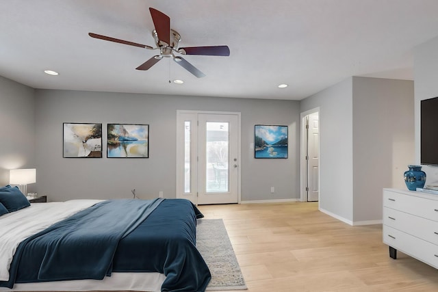 bedroom featuring baseboards, light wood-type flooring, recessed lighting, a ceiling fan, and access to outside