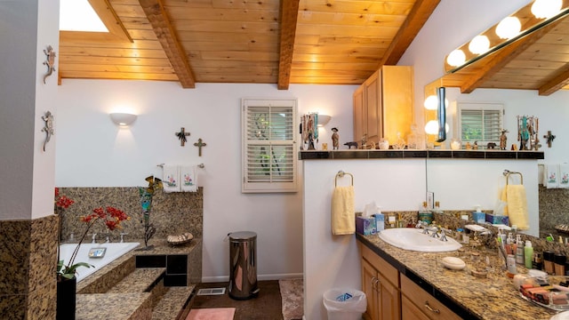 bathroom featuring vanity, vaulted ceiling with beams, a bathtub, and wooden ceiling