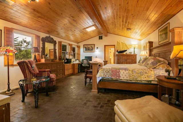 bedroom featuring vaulted ceiling with beams and wooden ceiling