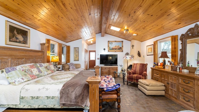 bedroom with wooden ceiling and vaulted ceiling with beams