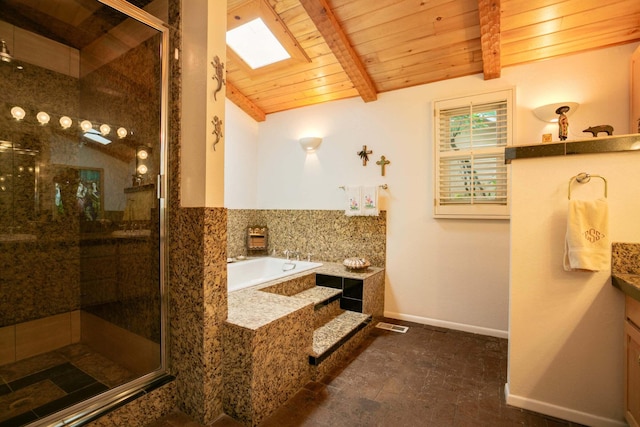 bathroom with backsplash, wood ceiling, lofted ceiling with skylight, and shower with separate bathtub