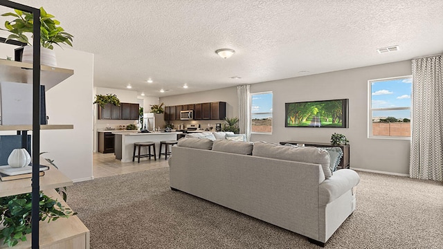 carpeted living room featuring a textured ceiling