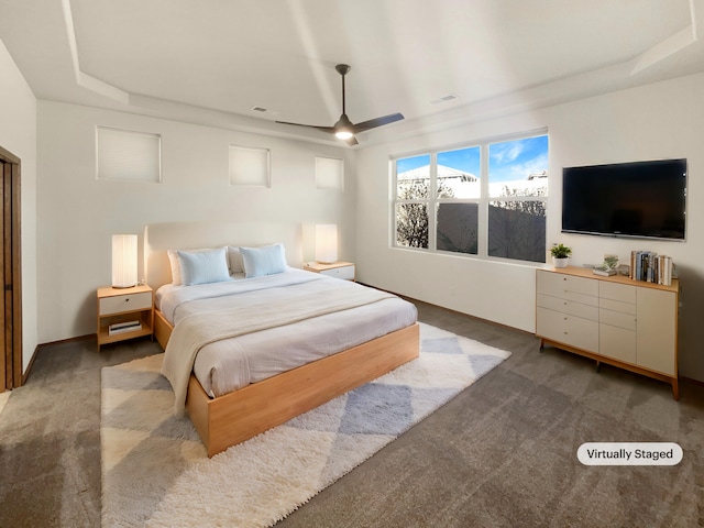 bedroom with a tray ceiling, ceiling fan, and carpet