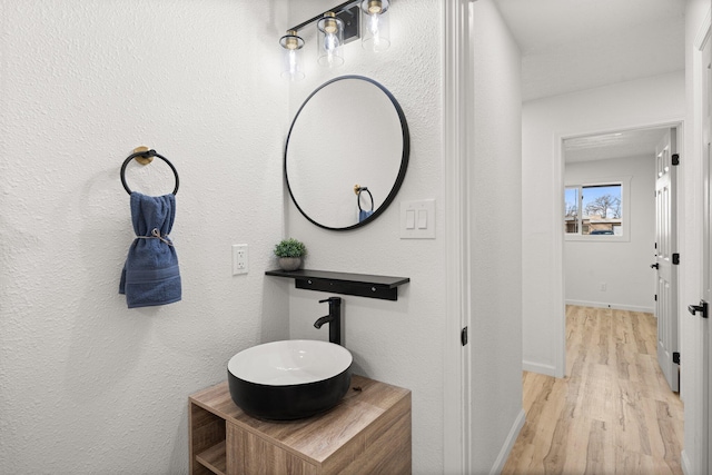 bathroom with hardwood / wood-style flooring