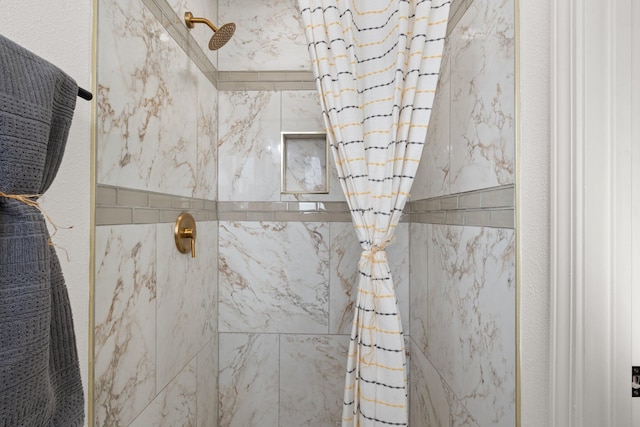 interior details with a shower with shower curtain