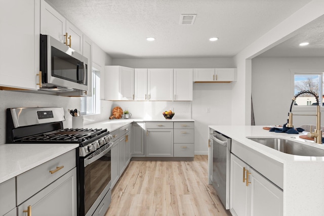 kitchen featuring a textured ceiling, plenty of natural light, sink, and stainless steel appliances