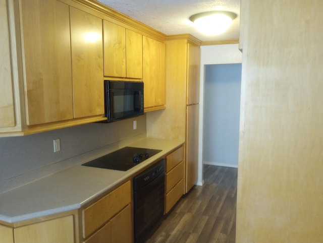 kitchen featuring a textured ceiling, black appliances, dark hardwood / wood-style flooring, ornamental molding, and light brown cabinets