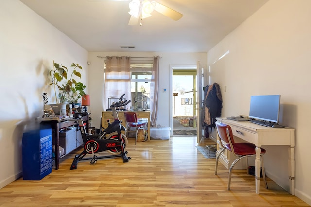 office space with visible vents, ceiling fan, and light wood-style flooring