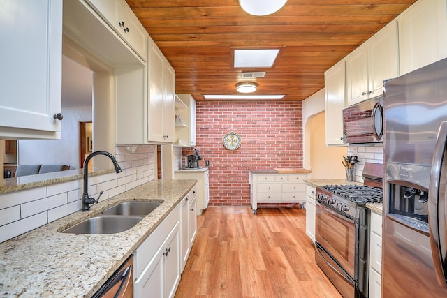 kitchen featuring sink, white cabinetry, wood ceiling, stainless steel appliances, and light stone countertops