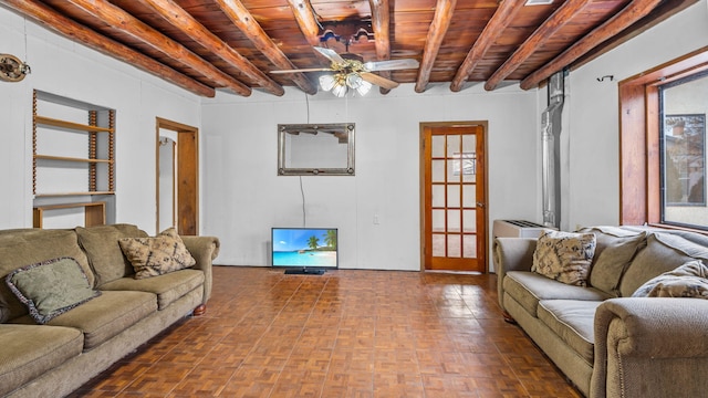 living room with ceiling fan, beam ceiling, wooden ceiling, and parquet flooring