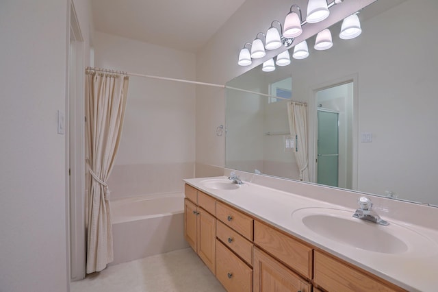 bathroom featuring separate shower and tub and vanity