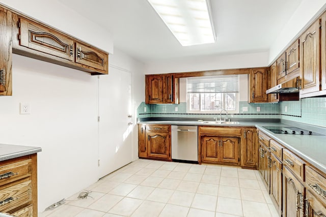 kitchen featuring stainless steel dishwasher, backsplash, black electric stovetop, and sink