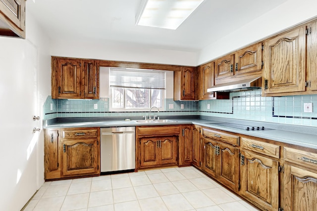 kitchen featuring dishwasher, cooktop, backsplash, and sink