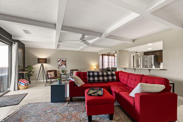 living room featuring beam ceiling, a wealth of natural light, ceiling fan, and a textured ceiling