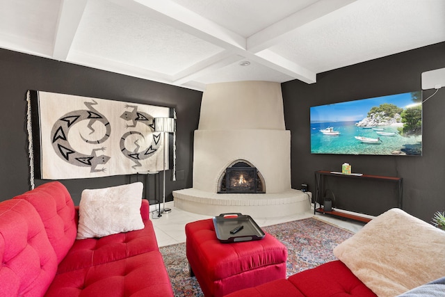 living room with a fireplace, beamed ceiling, light tile patterned flooring, and coffered ceiling