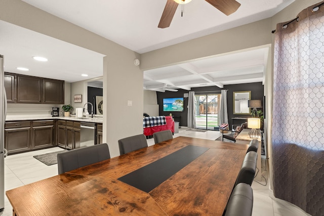 dining area featuring ceiling fan, sink, coffered ceiling, beamed ceiling, and light tile patterned flooring