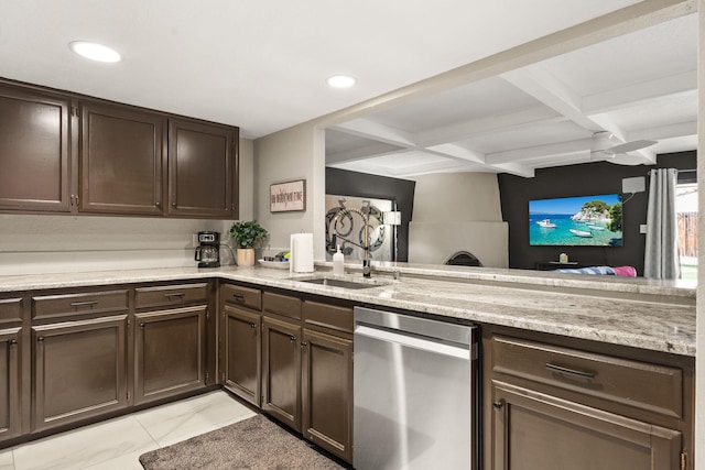 kitchen featuring coffered ceiling, dark brown cabinets, sink, light tile patterned floors, and beamed ceiling