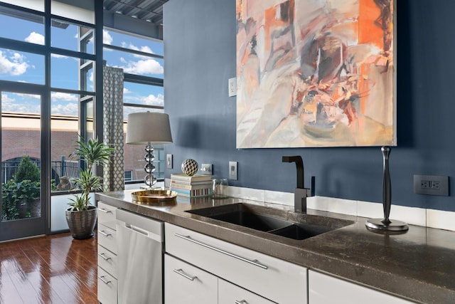 kitchen featuring sink, dishwasher, dark hardwood / wood-style floors, floor to ceiling windows, and white cabinets