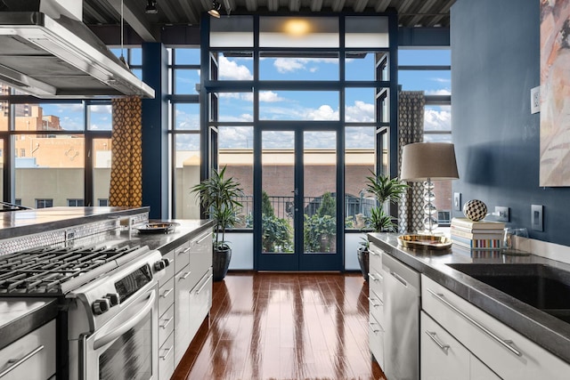 kitchen with appliances with stainless steel finishes, a wealth of natural light, white cabinets, and french doors